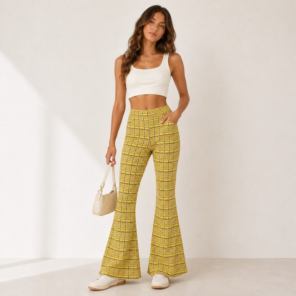 Zara Palazza Pleated Pants Flare Leg Yellow Plaid Stretch Women's Size L Retro